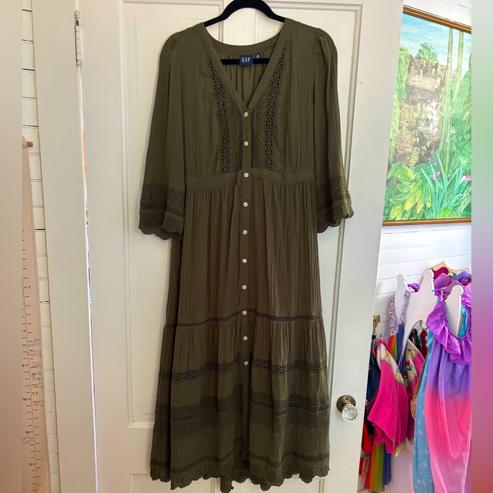 GAP Olive Green Eyelet Midi Dress
